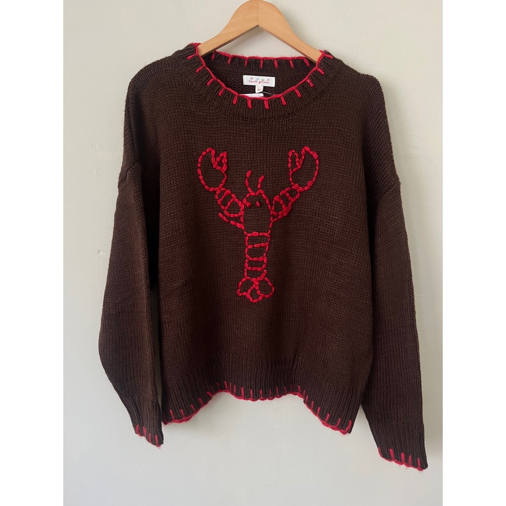 Sweet Generis My Lovely Lobster Brown Red Whipstitch Pullover Sweater coastal